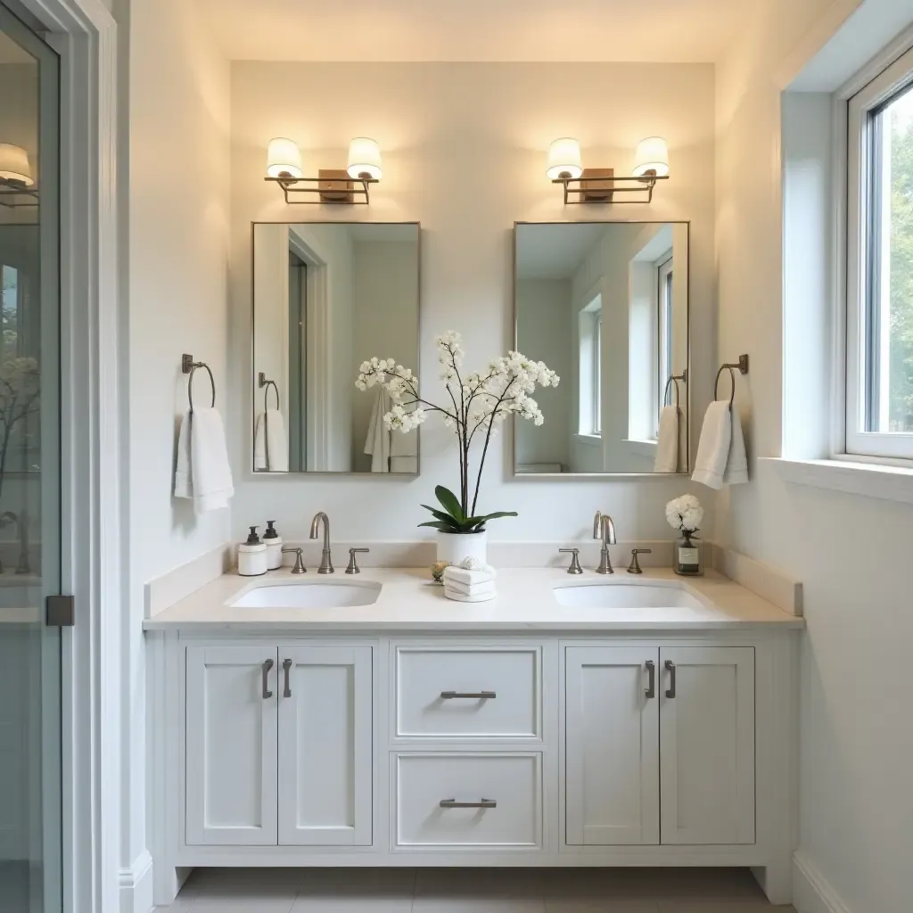 a photo of a bathroom with a double sink and spacious countertop for organization