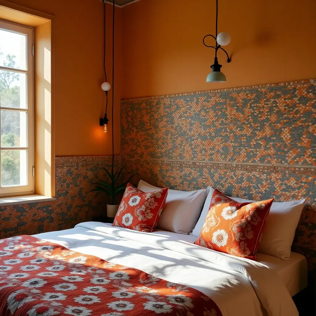 a photo of a warm bedroom with mosaic tiles and colorful throw pillows