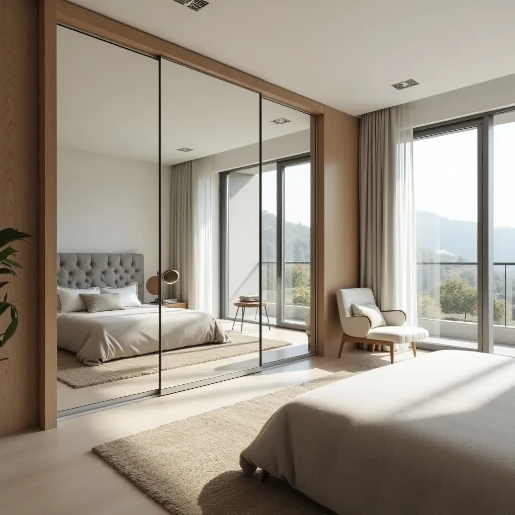 a photo of a spacious bedroom with large mirrors reflecting natural light