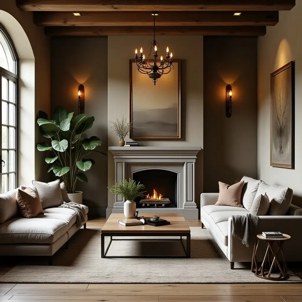 a photo of a rustic living room featuring antique metallic accents