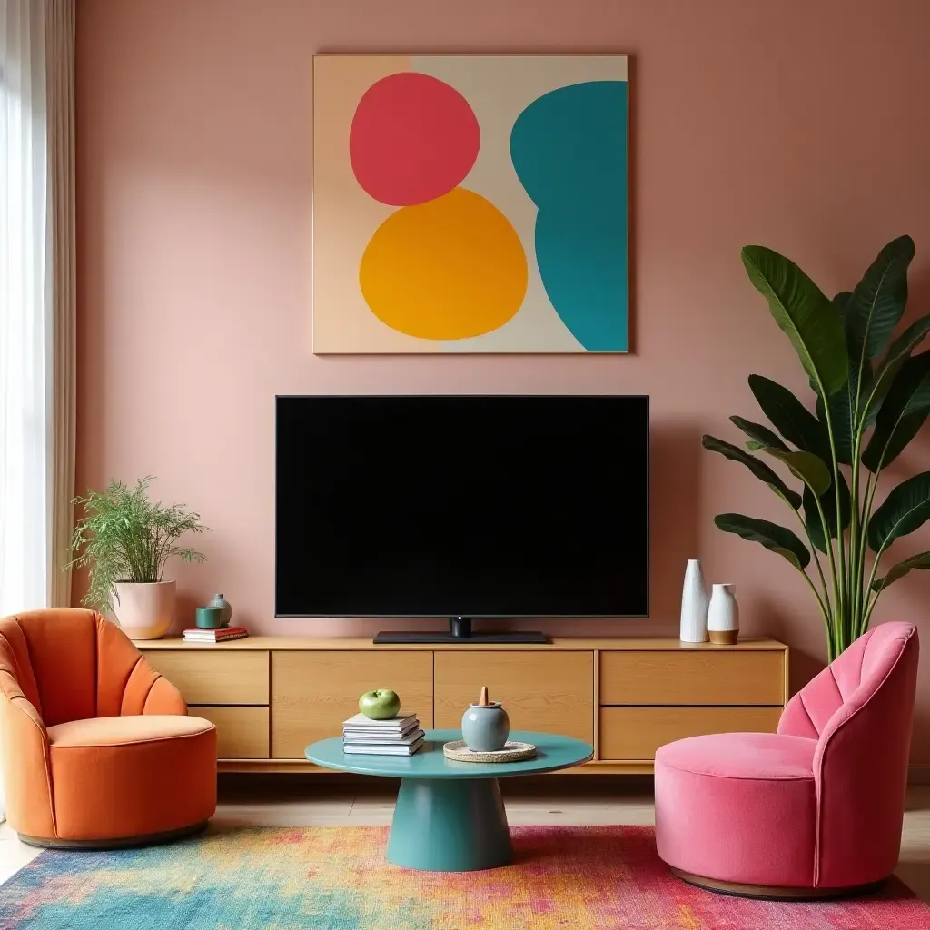 a photo of a vibrant TV room with colorful accents and contemporary art pieces