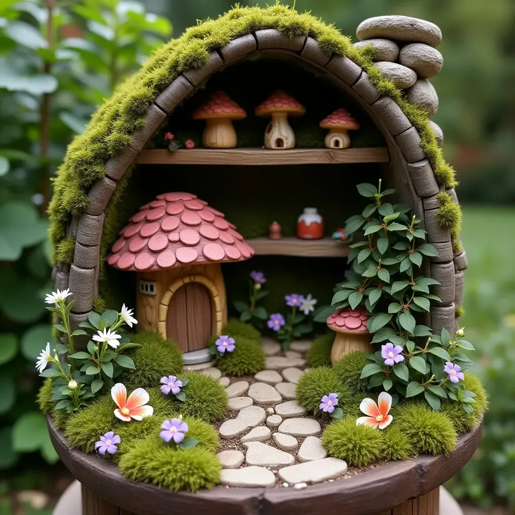 a photo of a magical fairy garden shelf display