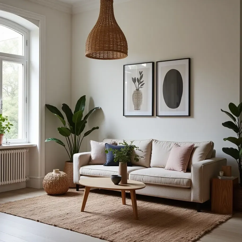 a photo of a living room with a mix of global-inspired decor and furniture