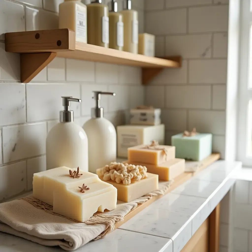 a photo of a bathroom filled with handmade soaps and lotions