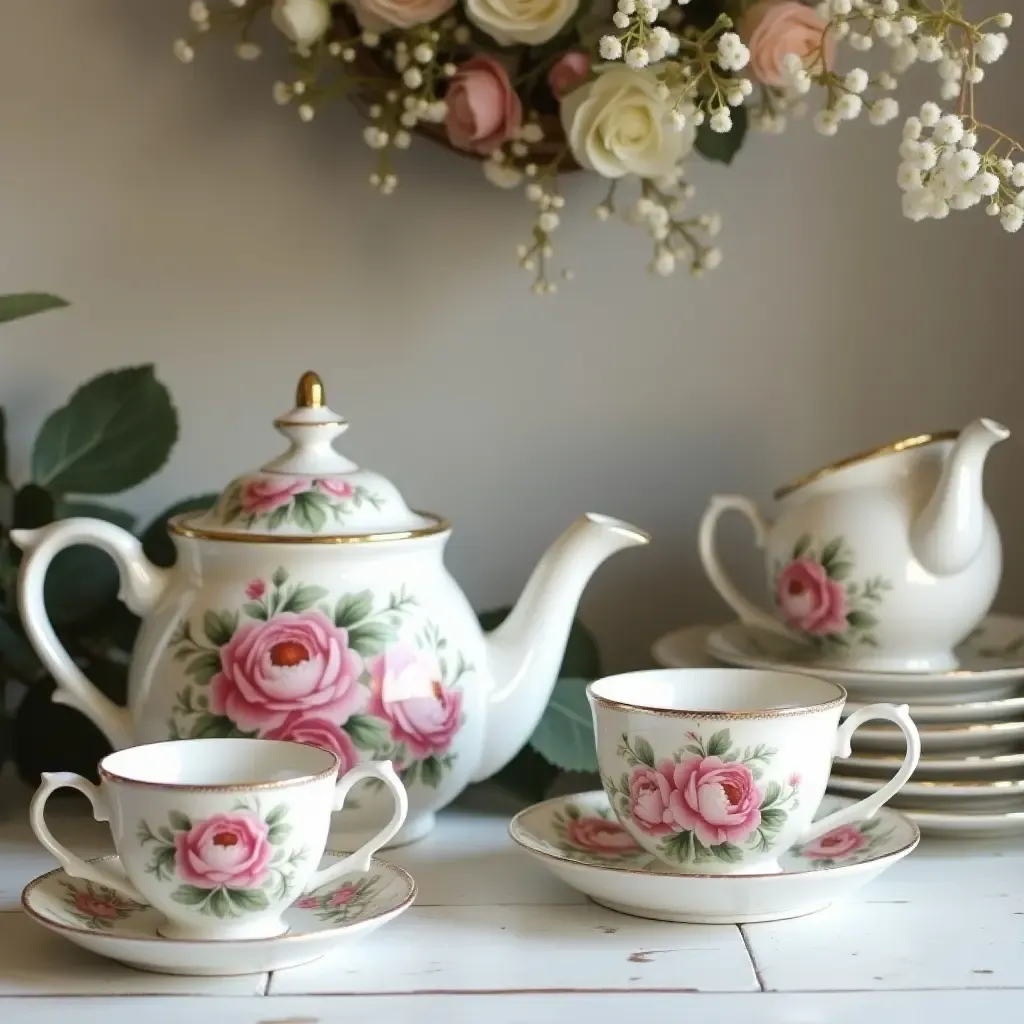 a photo of a charming tea station with antique teapots and floral mugs