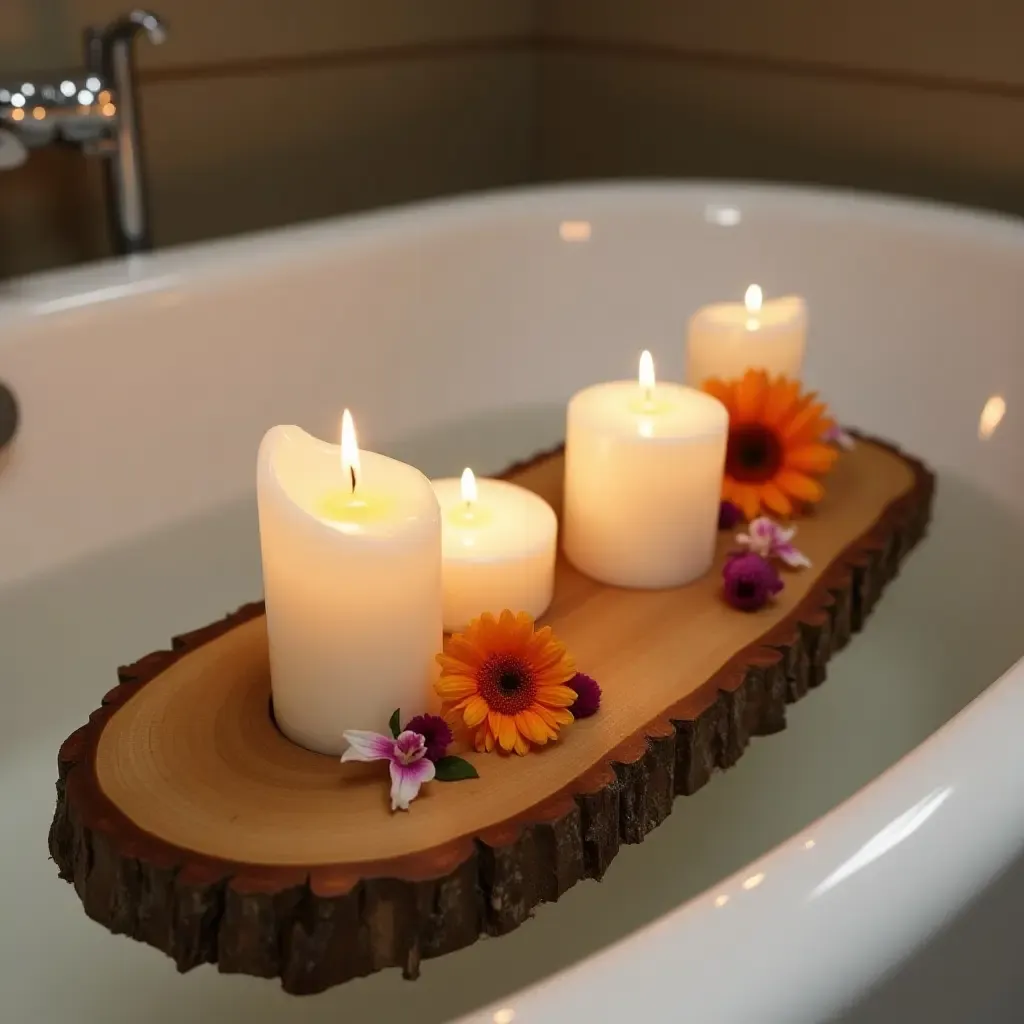 a photo of a rustic wooden bath tray with candles and flowers