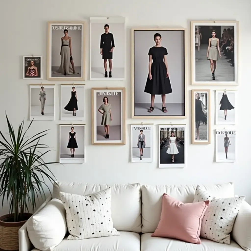 a photo of a fashion-inspired gallery wall with magazine clippings and runway photos in a stylish teen room