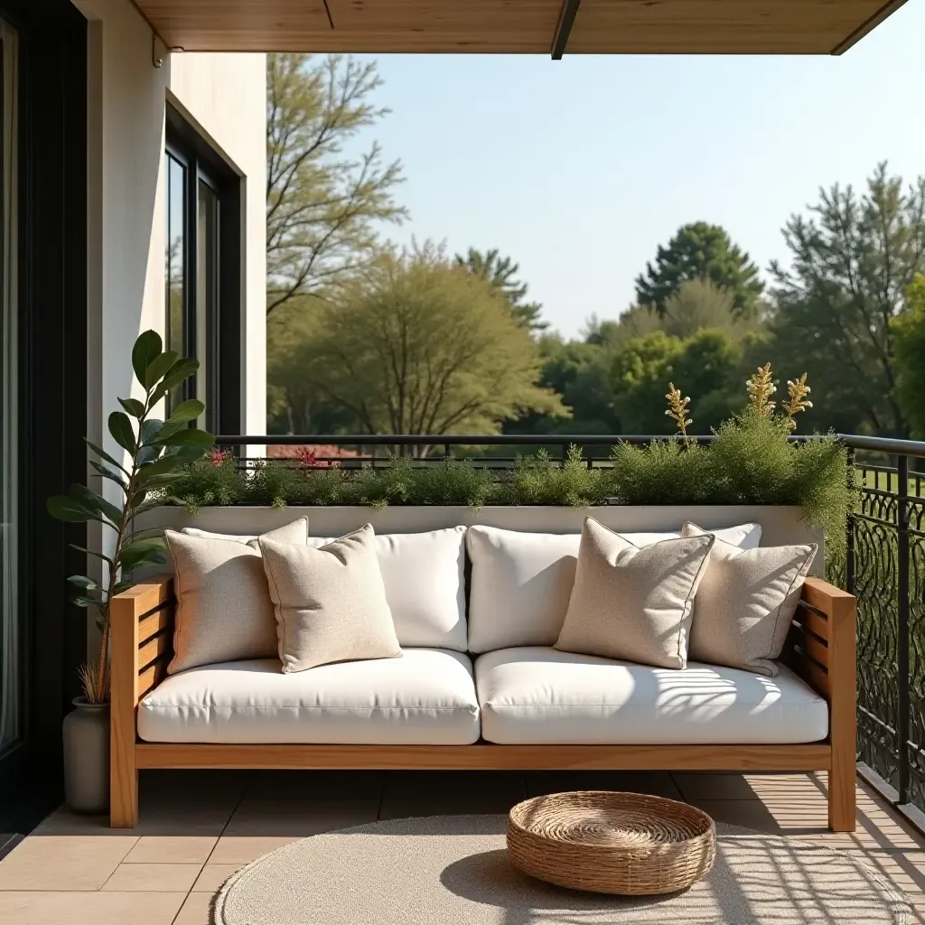 a photo of a balcony with a cozy outdoor sofa and plush cushions