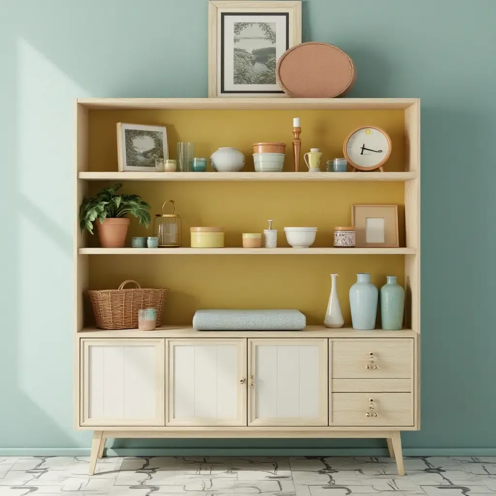 a photo of a vintage-inspired poolside shelf with retro decor