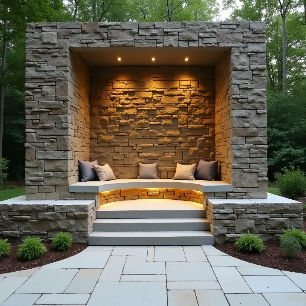 a photo of a stunning stone wall with integrated seating