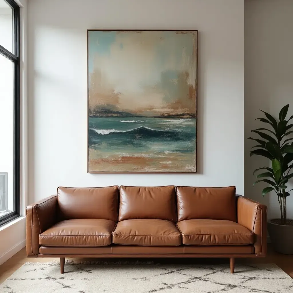 a photo of a modern living room featuring a vintage leather sofa and contemporary art