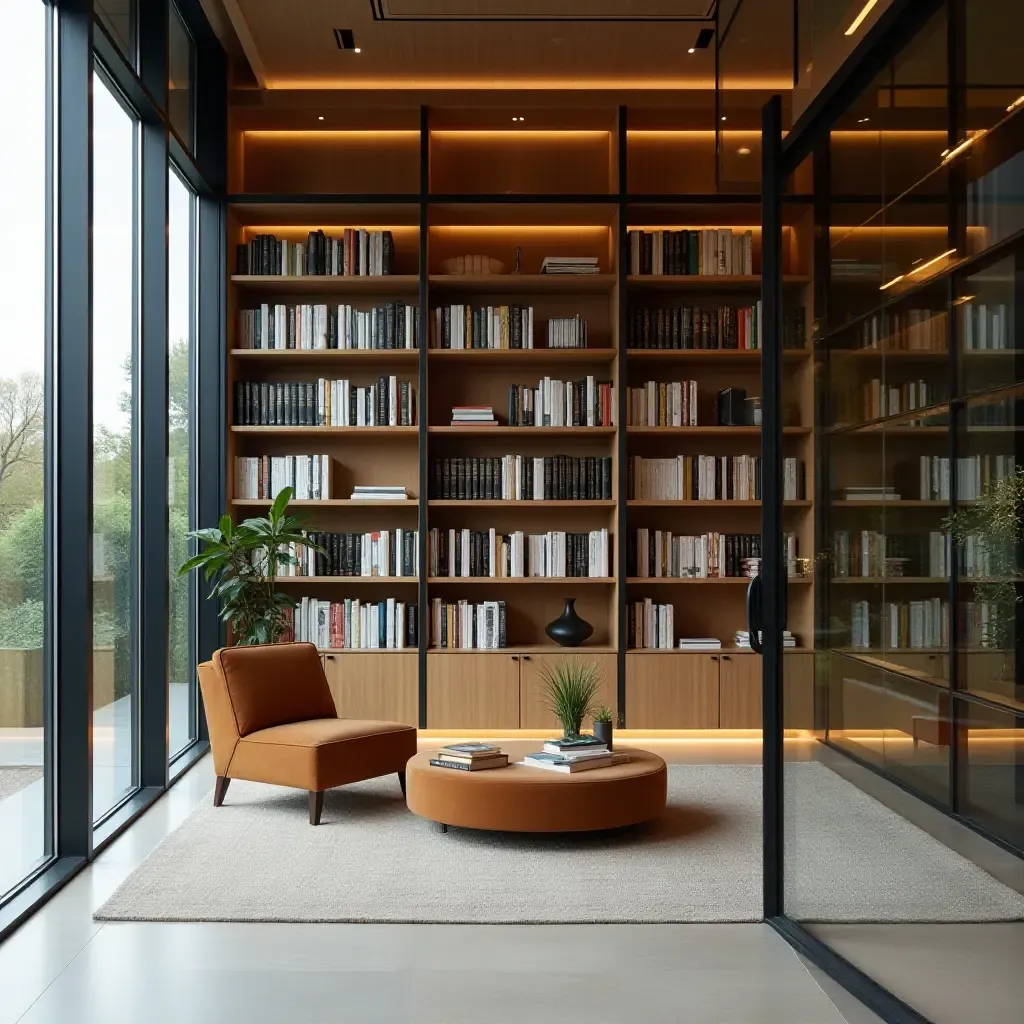 a photo of a modern library with a glass wall and organized shelves