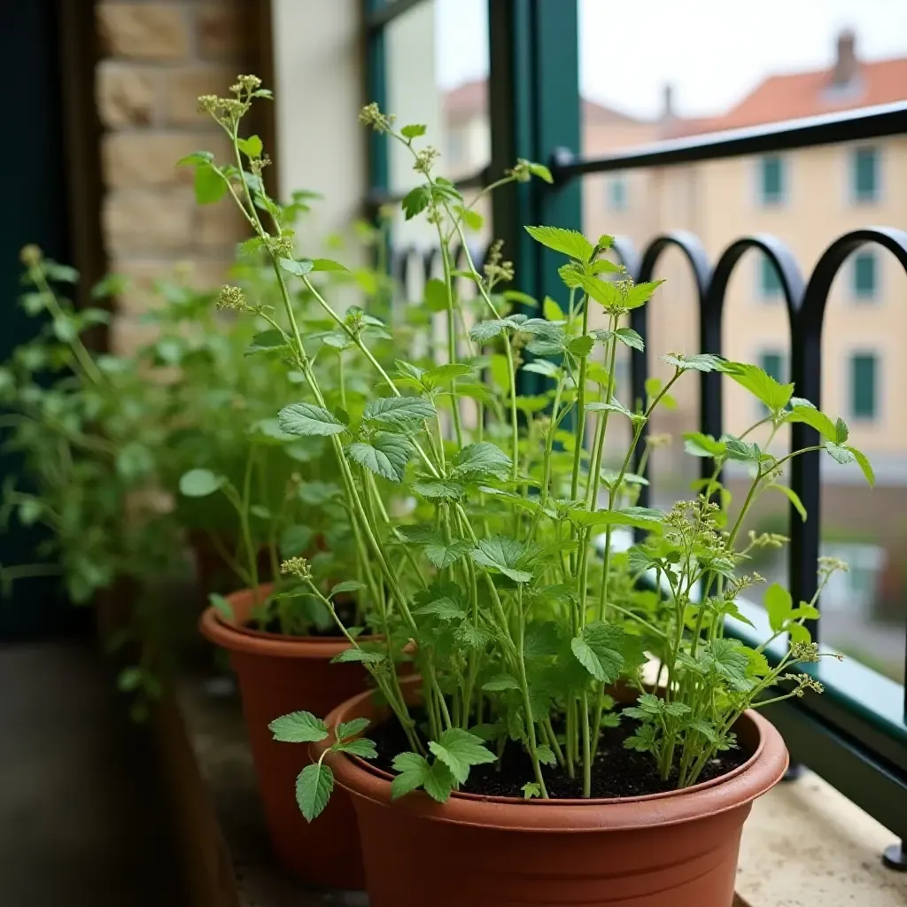 a photo of a balcony featuring a small herb garden with Mediterranean herbs