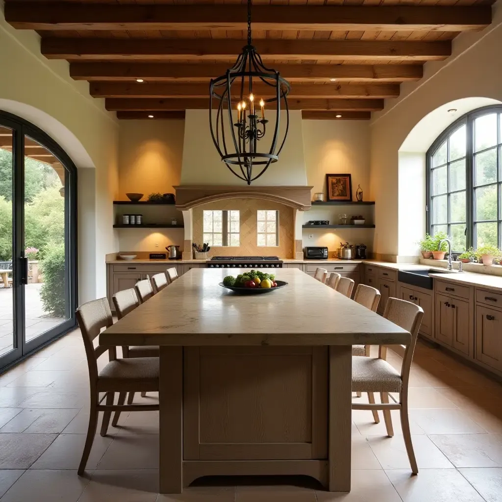 a photo of a Mediterranean-style kitchen with a large farmhouse table