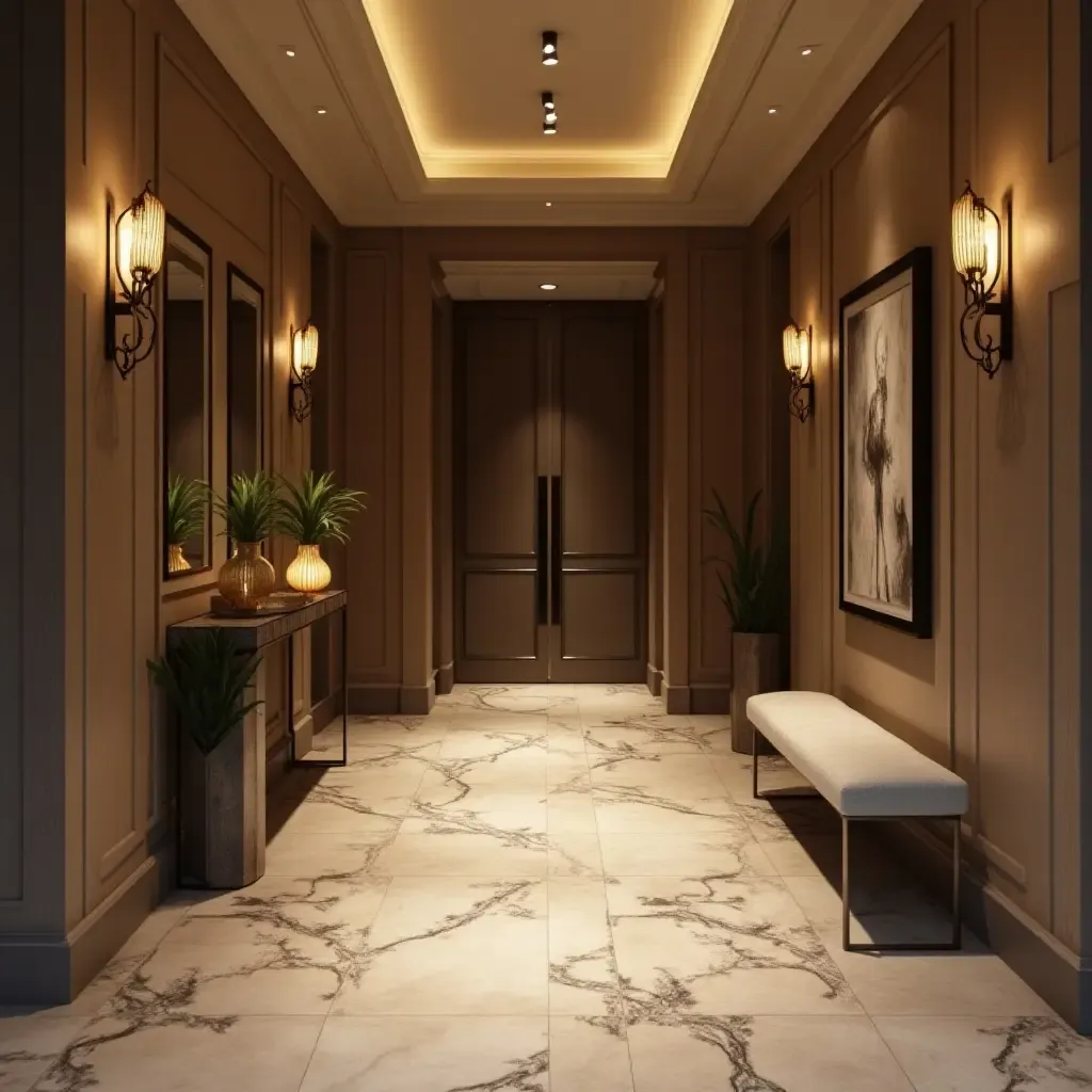 a photo of a glamorous basement entryway with chic lighting and decor