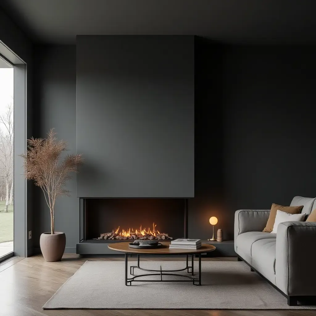 a photo of a modern dark grey living room featuring a sleek fireplace and minimalist decor