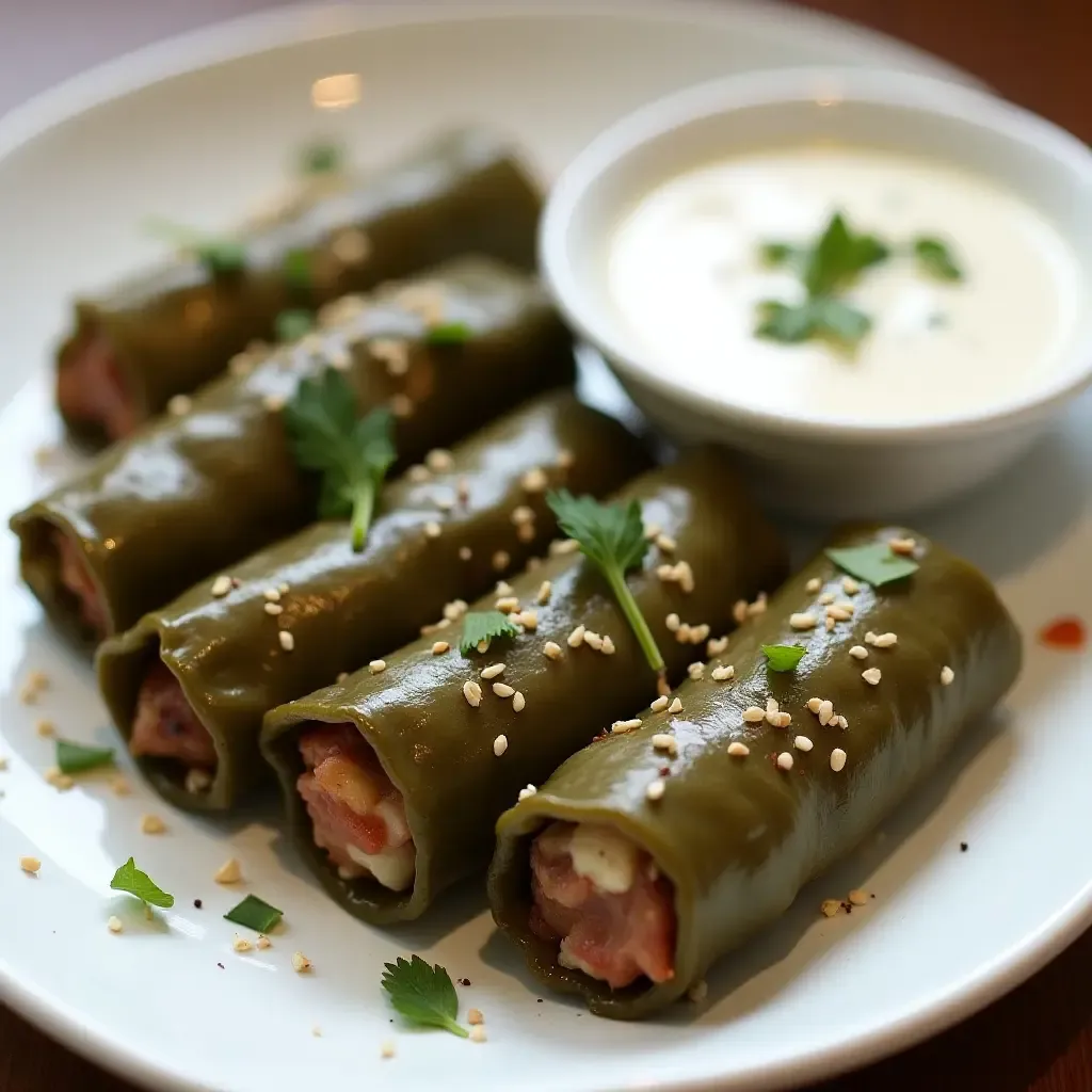 a photo of dolmades, stuffed grape leaves, arranged on a plate with yogurt dip.