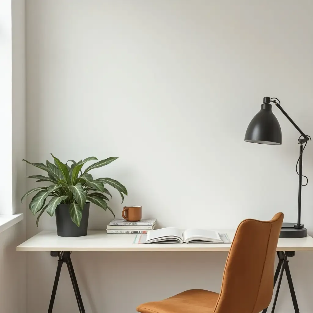 a photo of a stylish desk with a plant and books