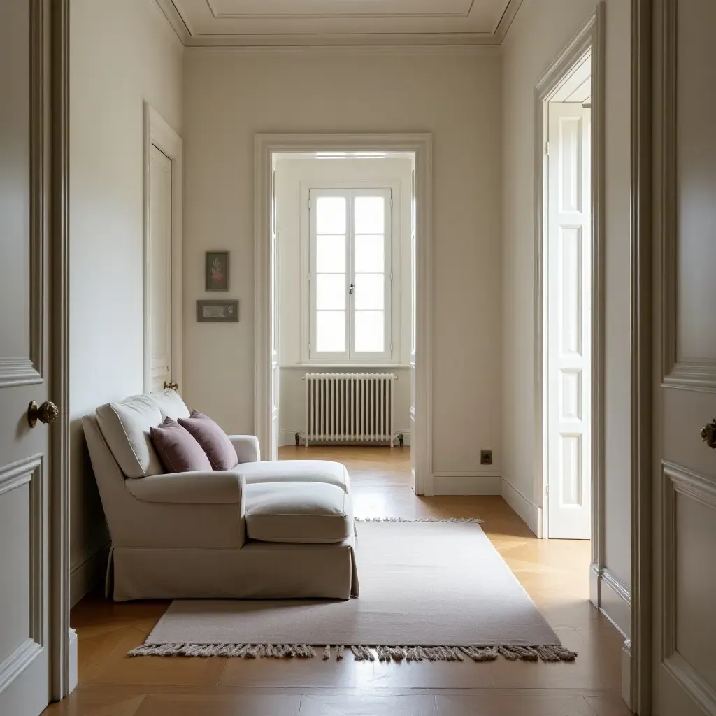 a photo of a classic chaise lounge in a narrow hallway