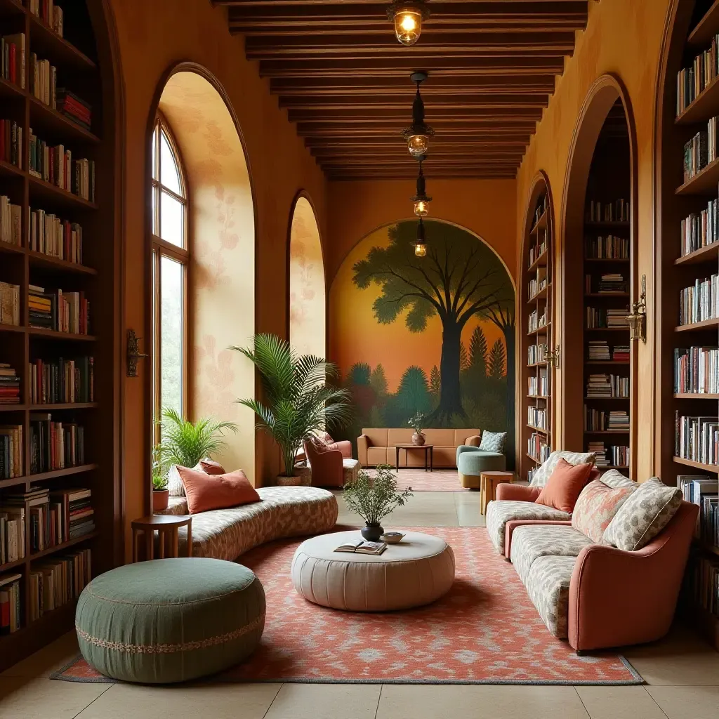 a photo of a library featuring a Mediterranean-inspired mural and cozy seating