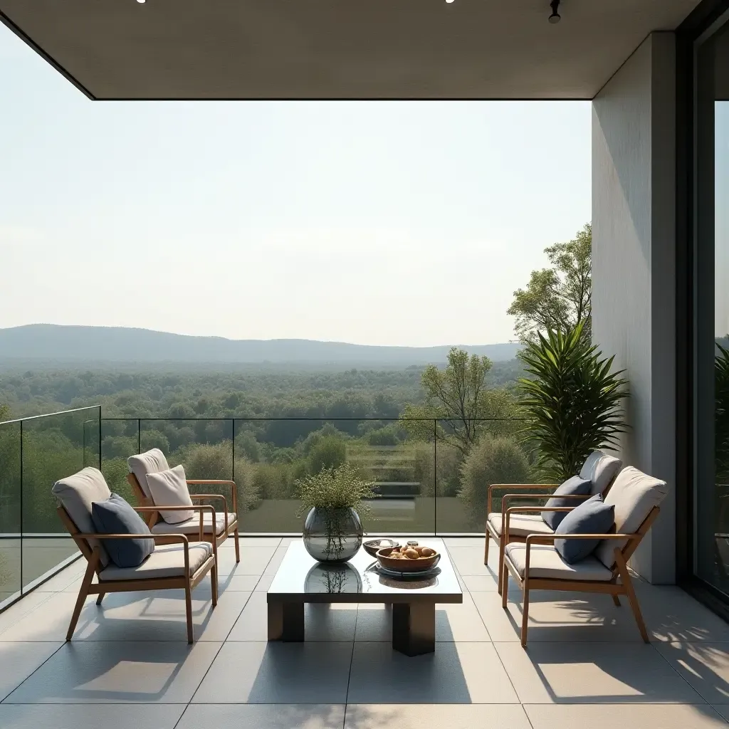 a photo of a modern balcony with a glass coffee table and lounge chairs