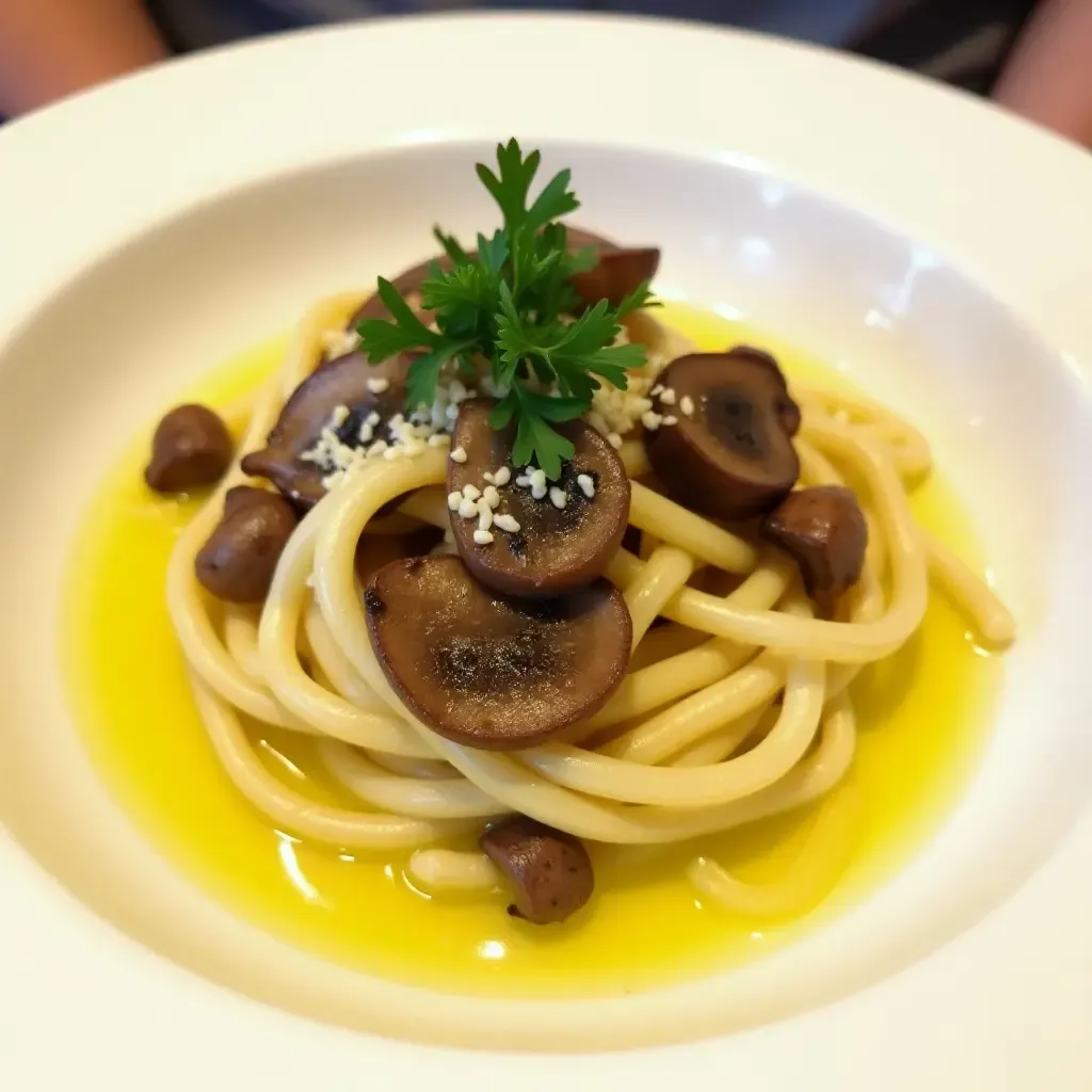 a photo of a beautifully plated dish of Maltagliati pasta with wild mushrooms and truffle oil, garnished with parsley.