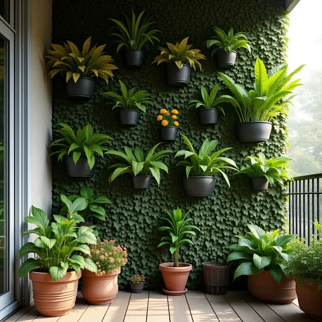 a photo of a stylish balcony with a wall of potted ferns and flowers