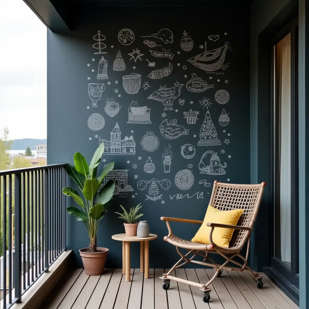 a photo of a chalkboard wall for creative doodles on a balcony