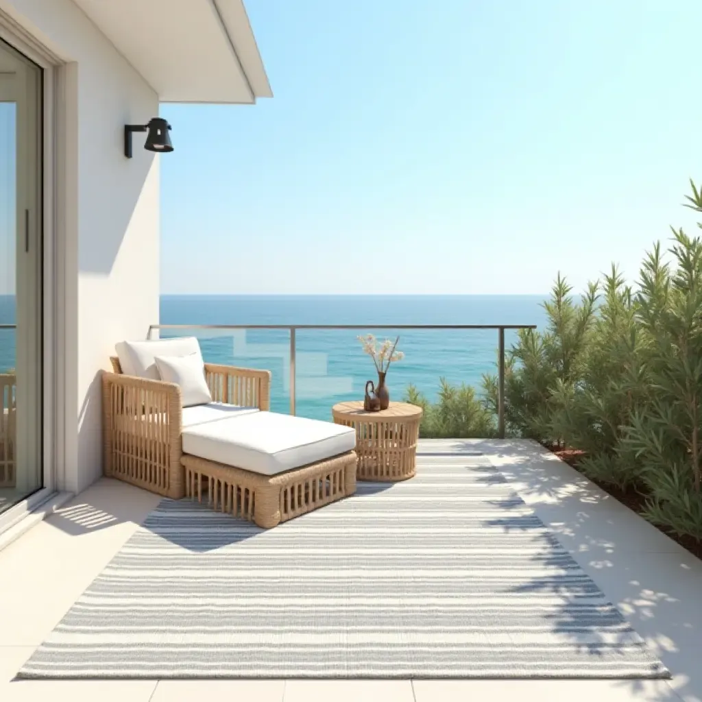 a photo of a striped outdoor rug with beach vibes on a coastal balcony