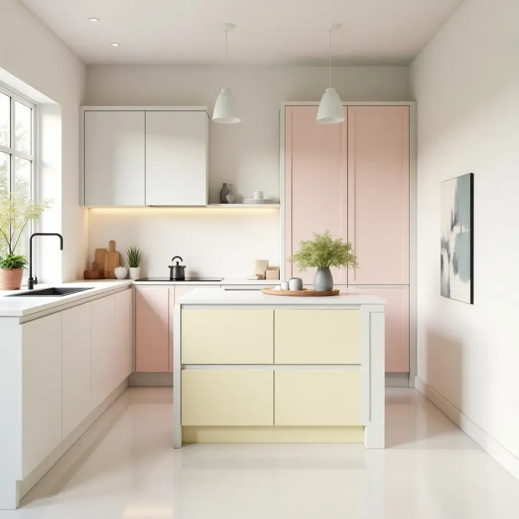 a photo of a serene kitchen design with pastel-colored accents and clean surfaces