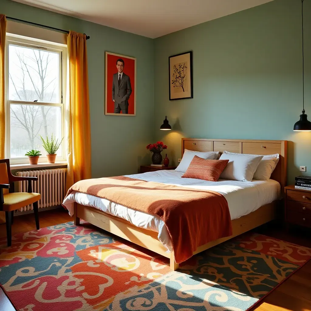 a photo of a funky retro rug in a vintage-inspired bedroom