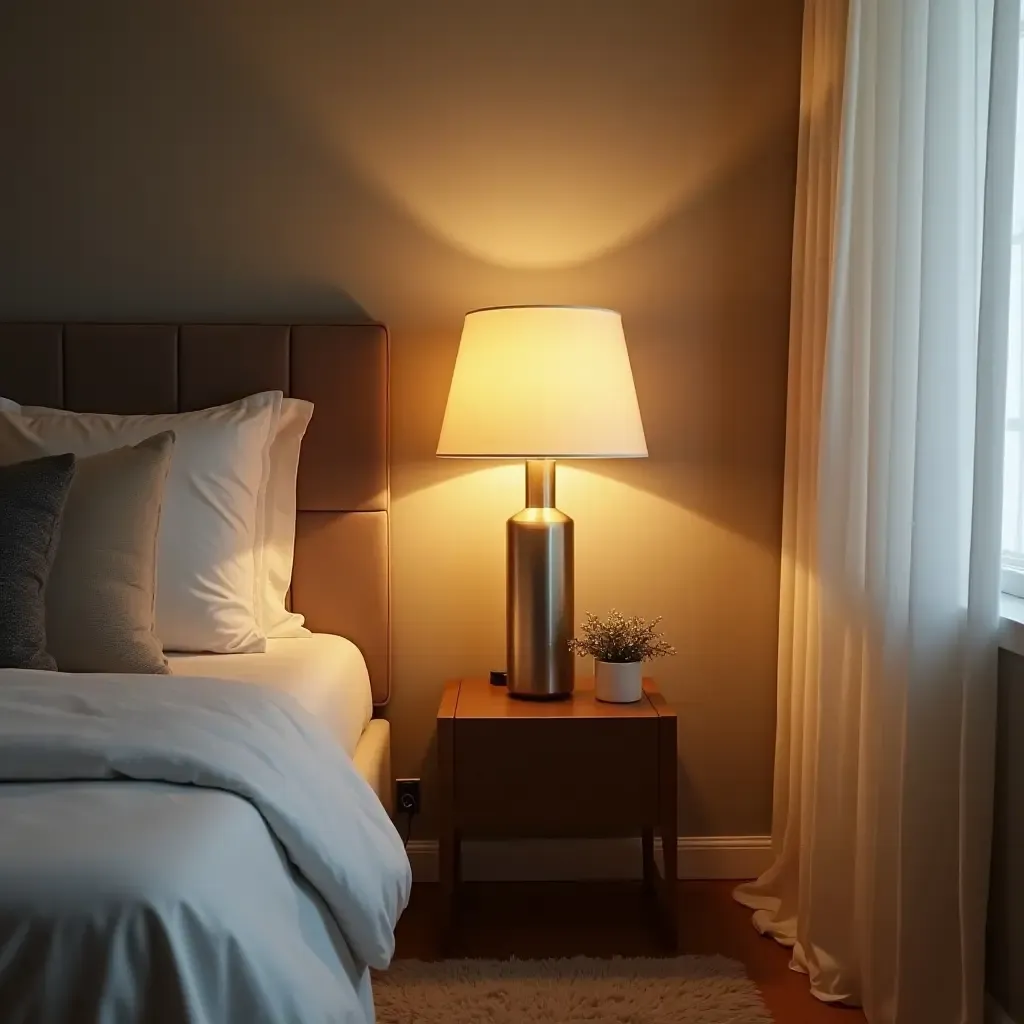 a photo of a chic bedroom with a retro lamp on a modern side table