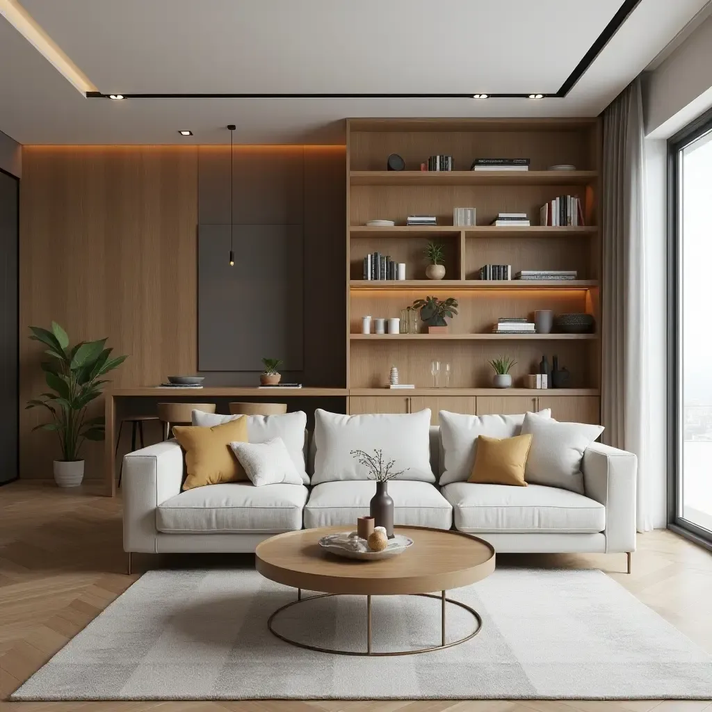 a photo of a modern small living room dining room combo with open shelving