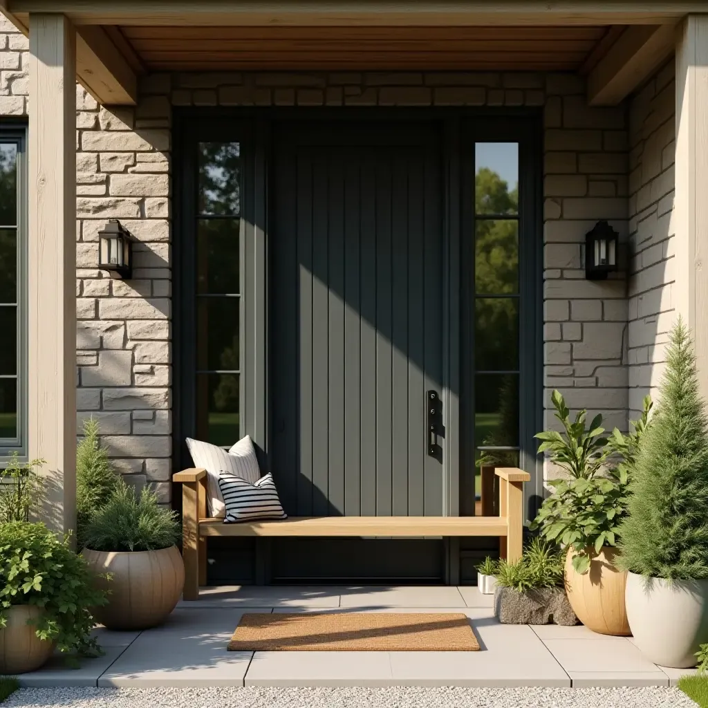 a photo of a farmhouse-inspired entrance featuring a wooden bench and plants