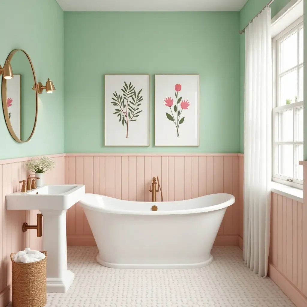 a photo of a fresh mint and peach bathroom with botanical prints