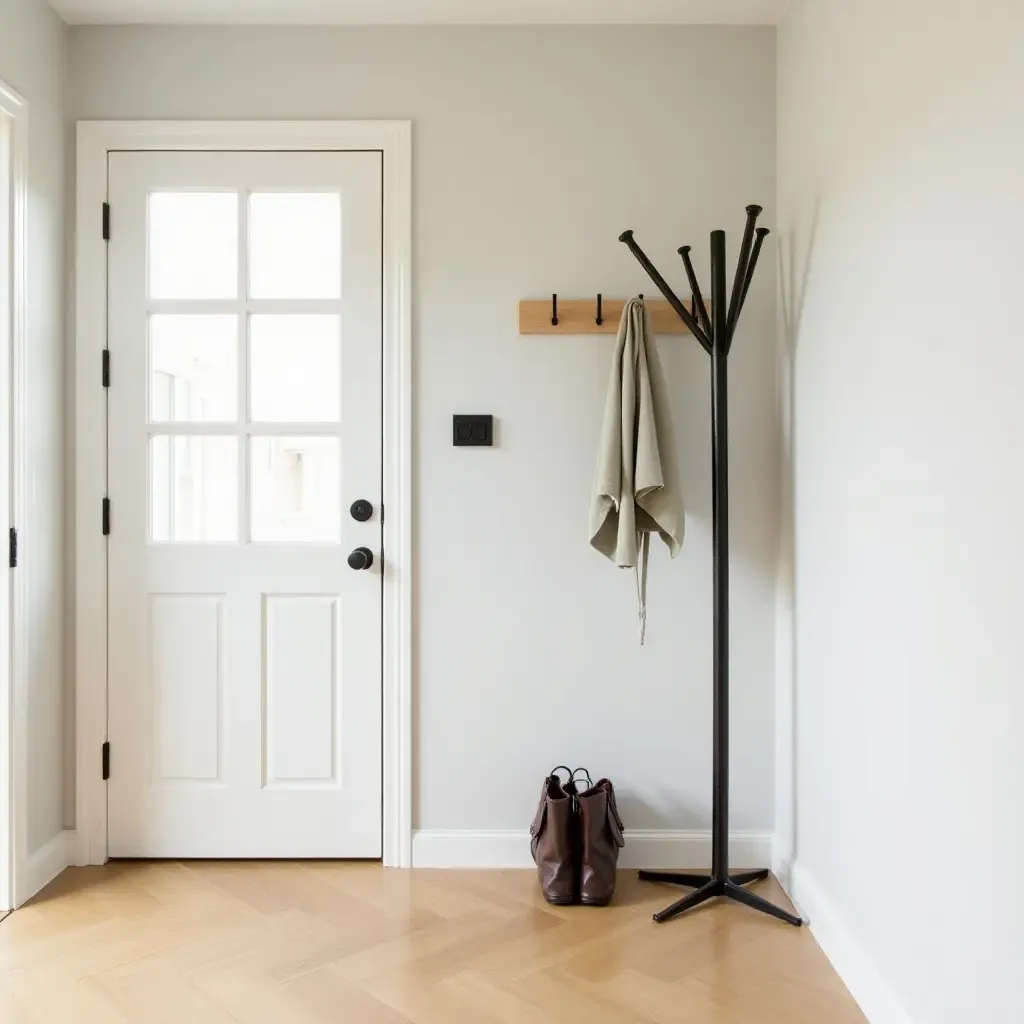 a photo of a bright entryway with a stylish coat rack and umbrella stand