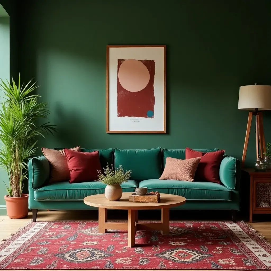 a photo of a bohemian living room with green and burgundy textiles and patterns