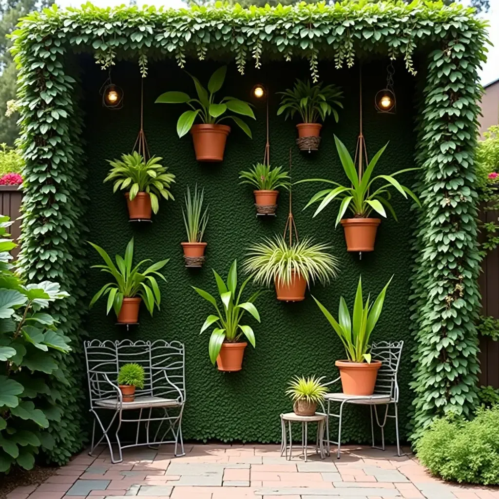 a photo of a whimsical garden wall with hanging plants