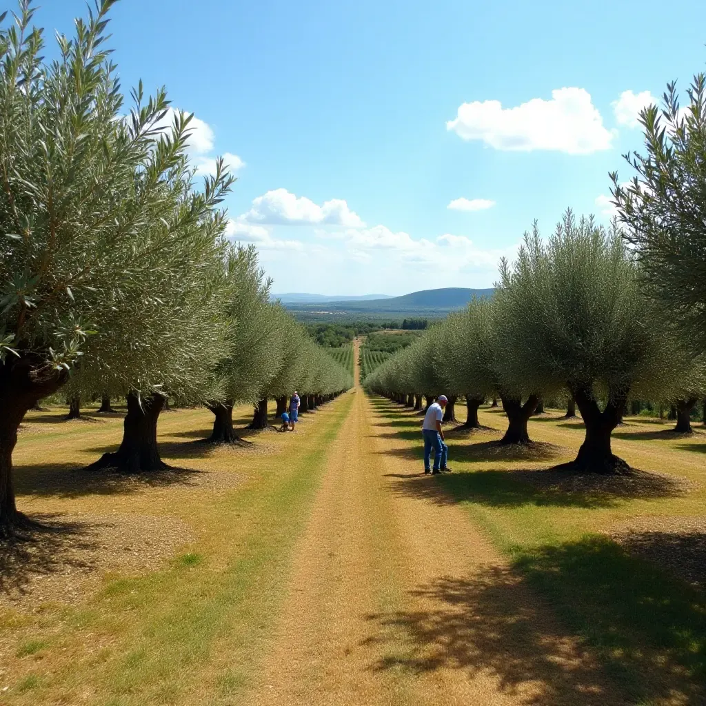 a photo of a cozy Apulian olive grove with workers harvesting olives under a clear blue sky.