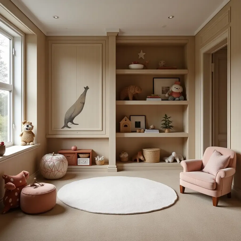 a photo of a glamorous basement children&#x27;s area with chic toys and decor