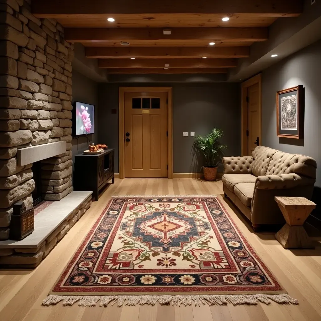 a photo of a rustic cabin-style rug in a cozy basement retreat