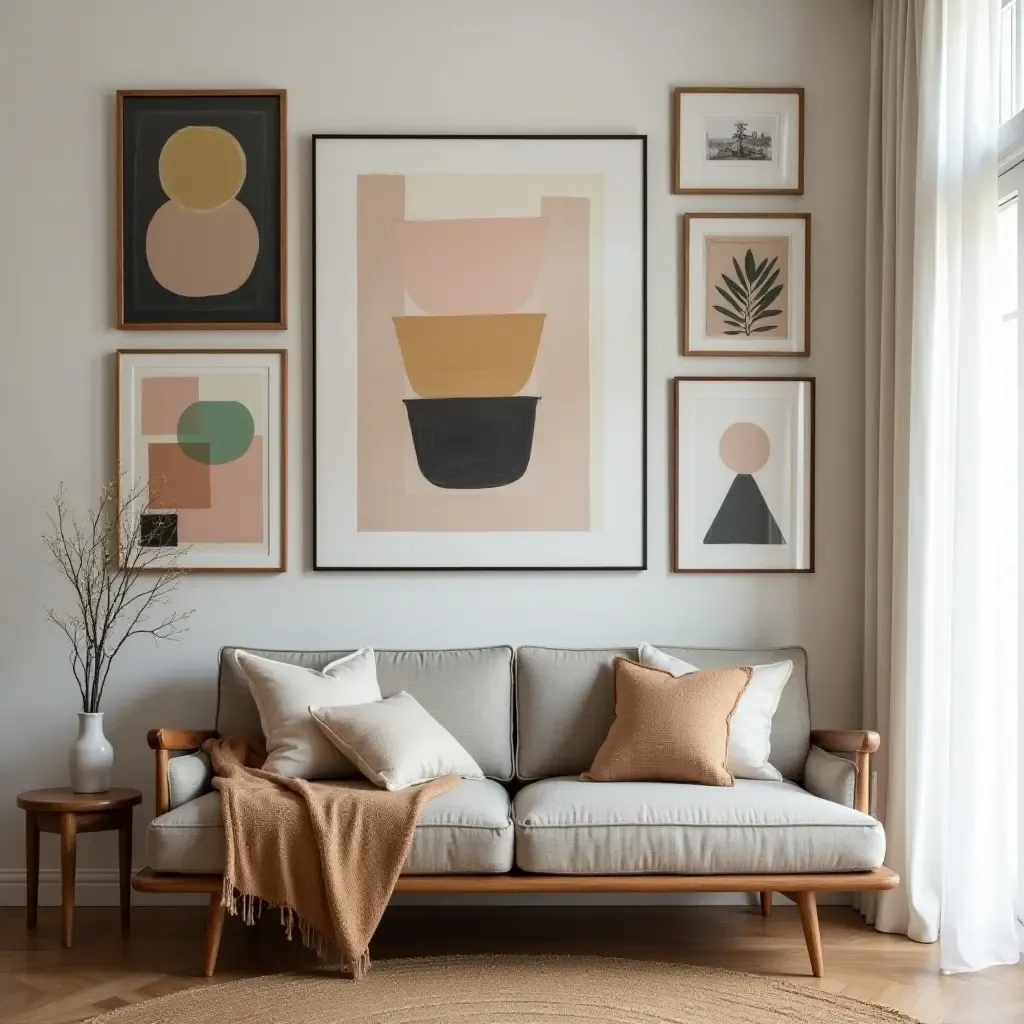 a photo of a gallery wall combining modern art and vintage bohemian pieces