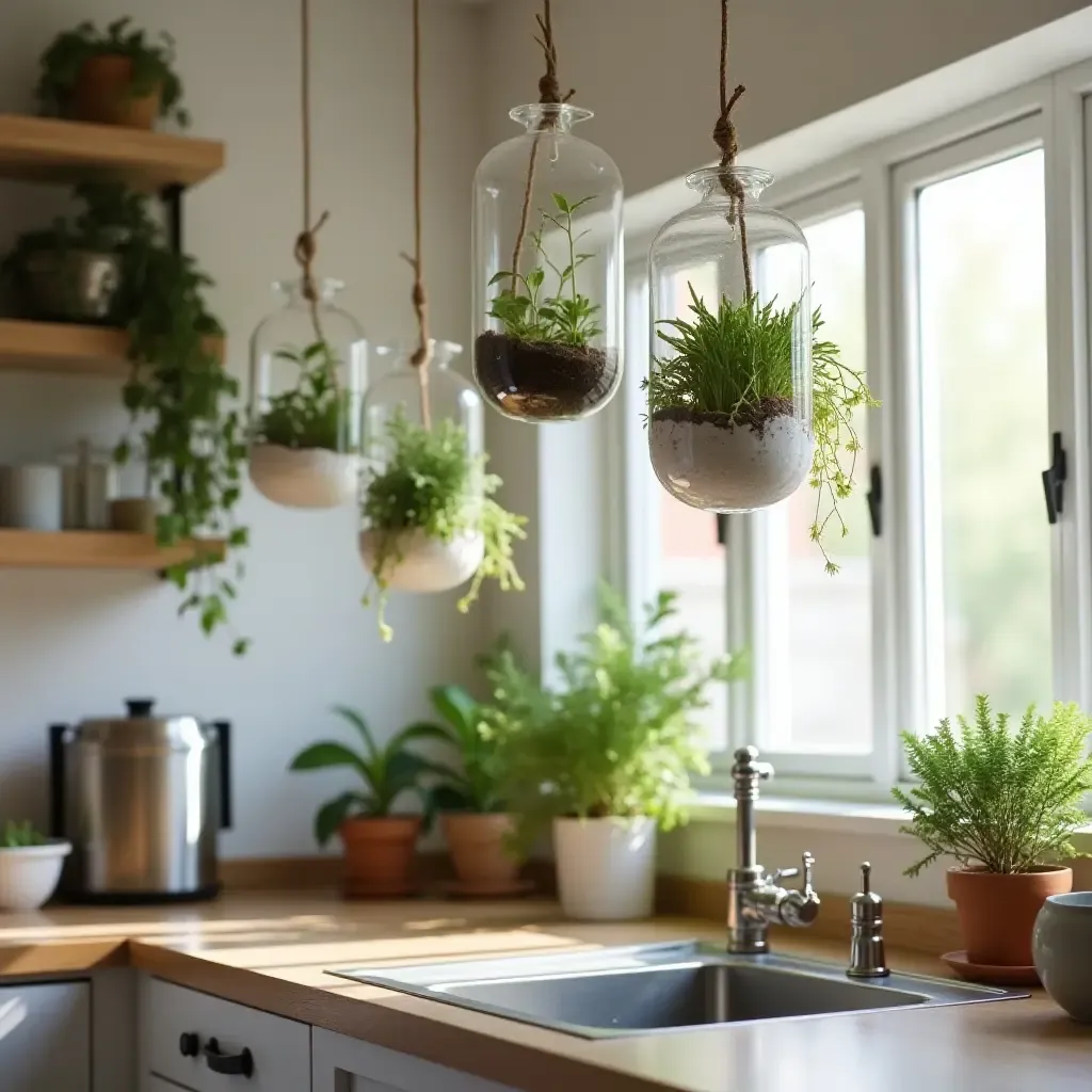 a photo of a small kitchen with hanging terrariums