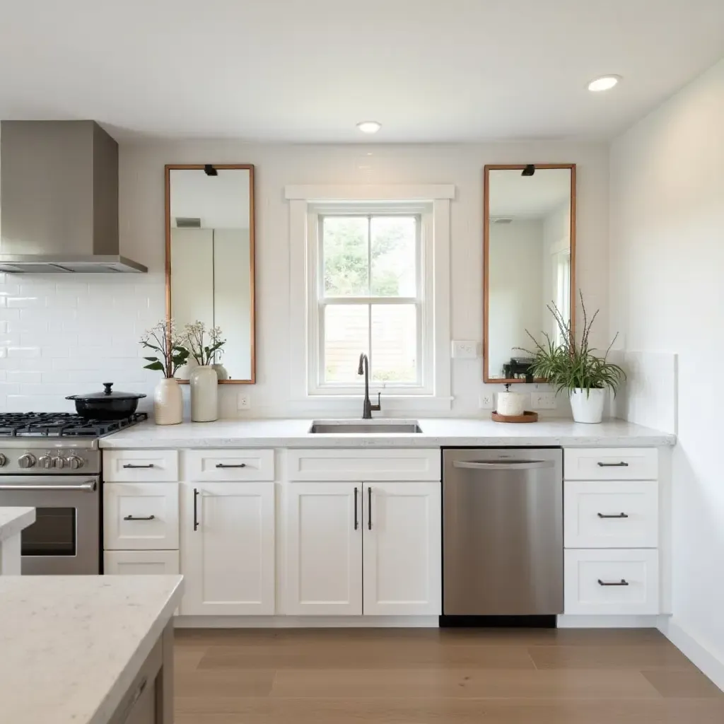 a photo of a chic kitchen with copper framed mirrors