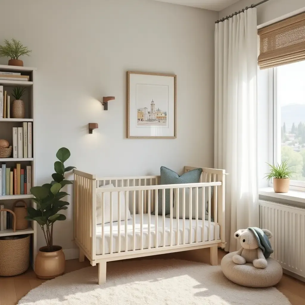 a photo of a nursery with a cozy reading nook and Mediterranean-themed books