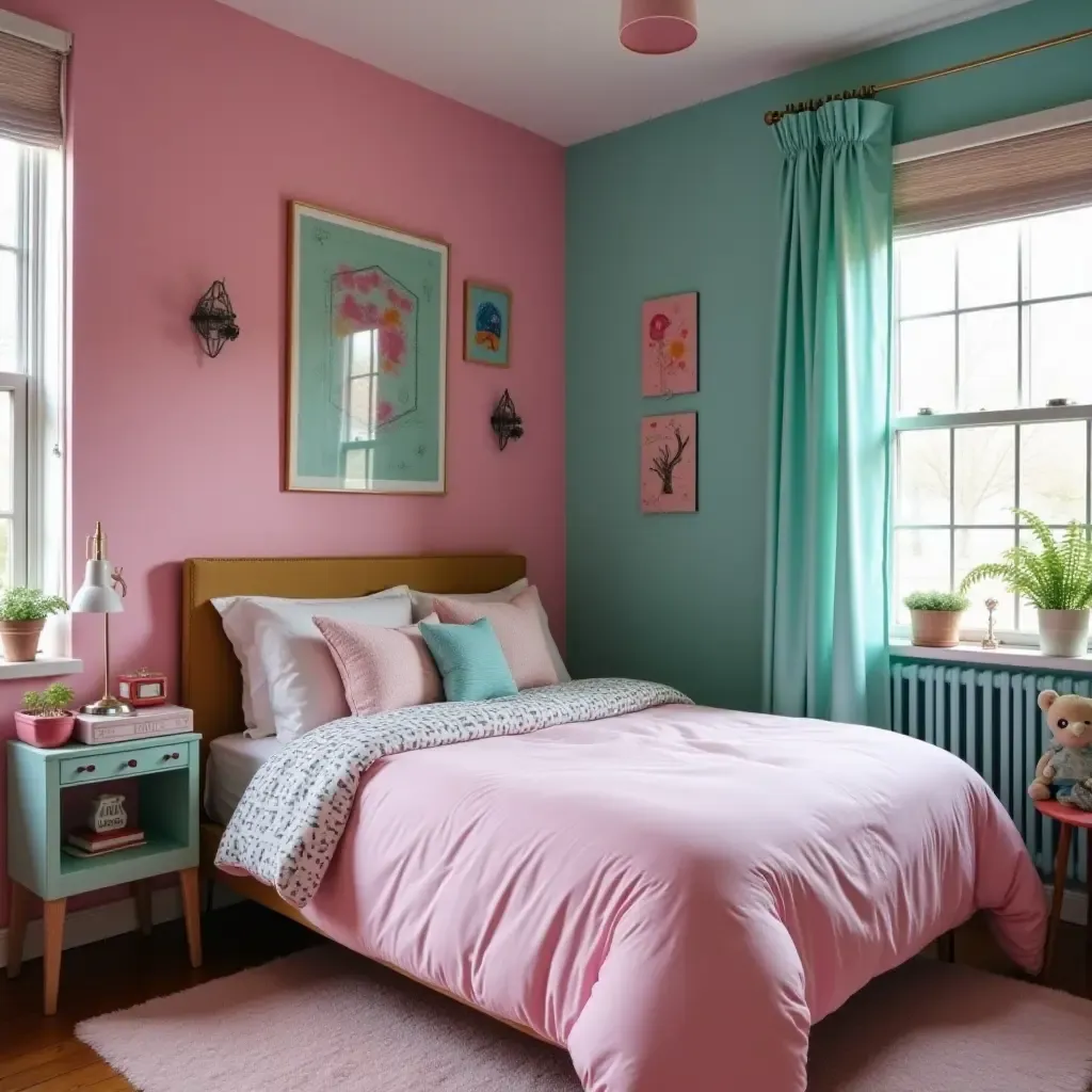 a photo of a funky pink and teal bedroom with quirky decorations