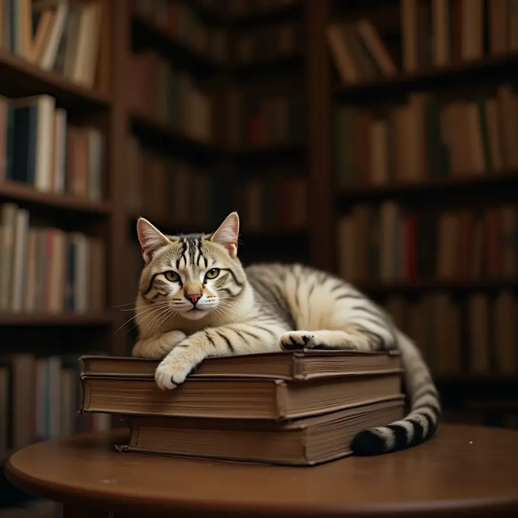 a photo of a cozy library with a cat lounging on a stack of books