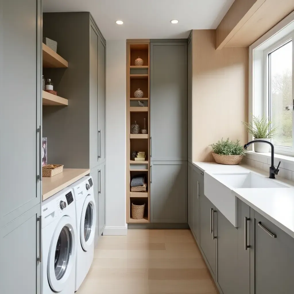 a photo of a stylish long skinny laundry room with vertical storage solutions