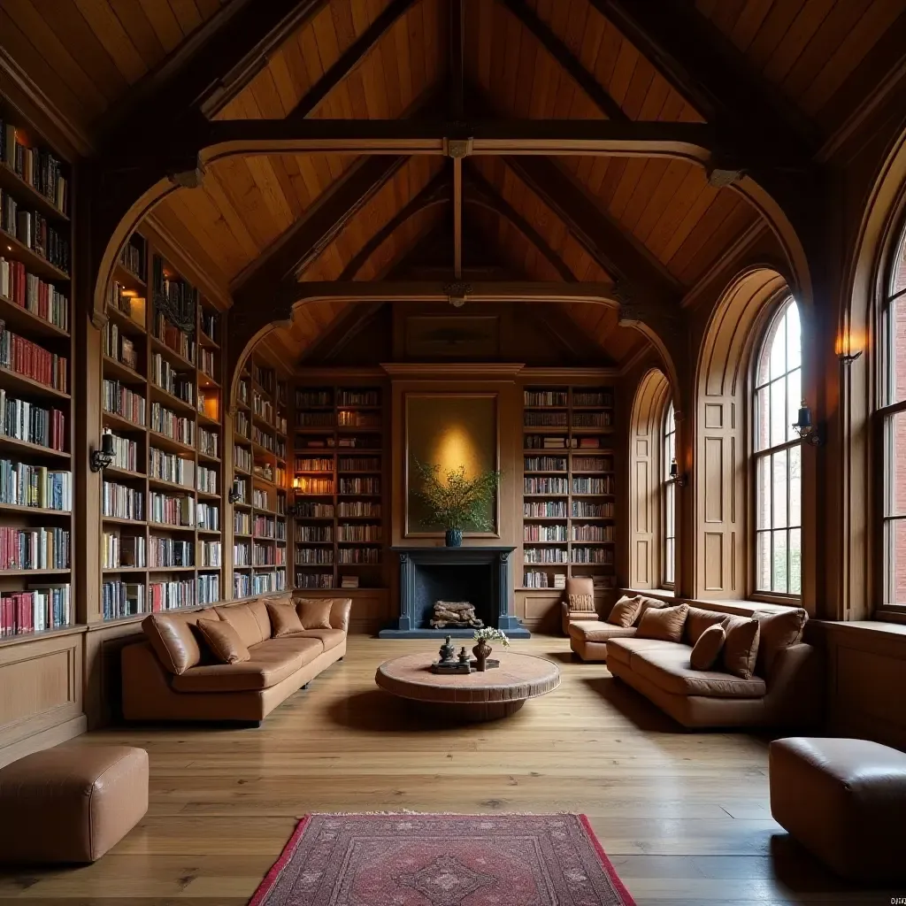 a photo of a library with wooden beams and a cozy atmosphere