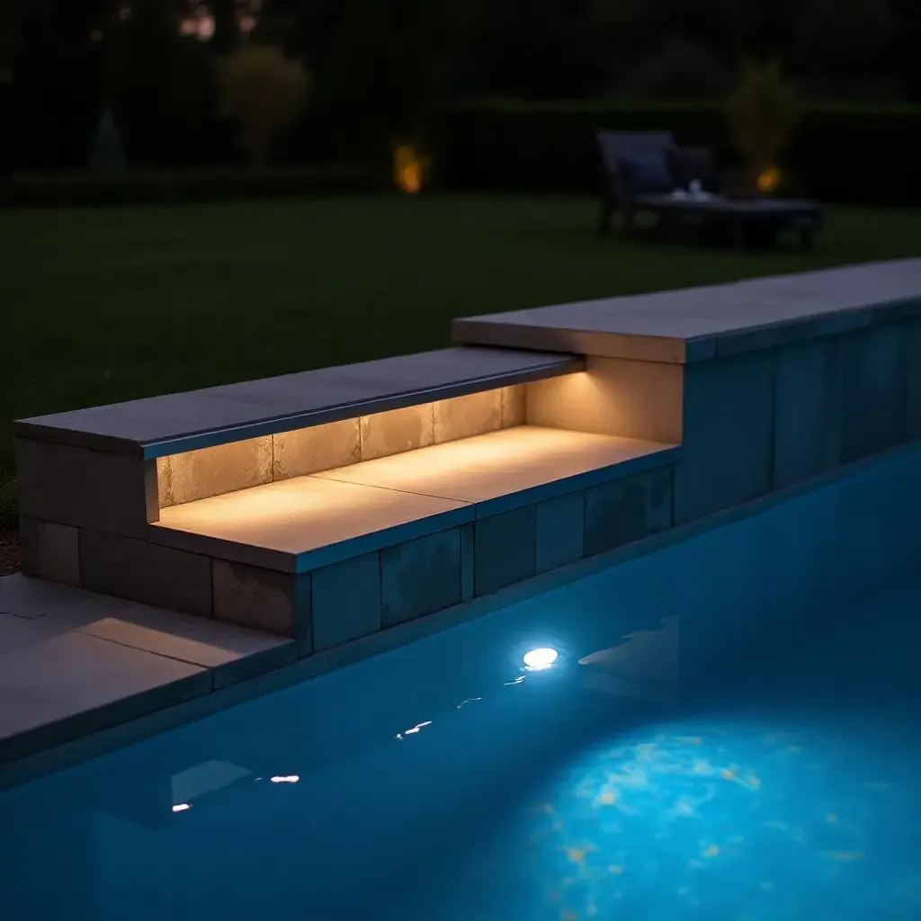 a photo of a sleek metal poolside shelf featuring outdoor lighting